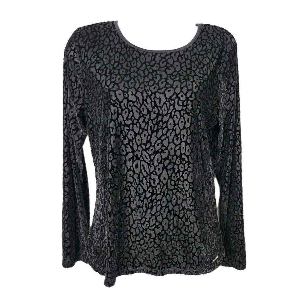 Calvin Klein Velvet Burnout Leopard Print Top Black Gray Long Sleeve M